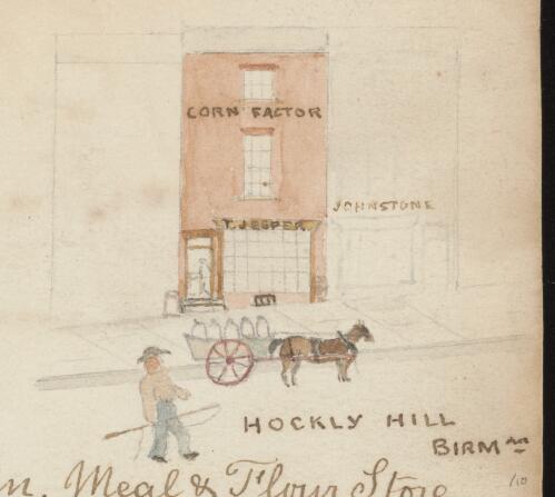 Corn, meal and flour store at Hockly Hill, Birmingham, England, approximately 1840 / R.W. Jesper