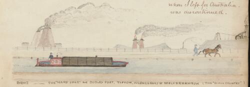 A boat carrying grains heading for Dudley Port passing by the coal mines of the Black Country, Birmingham, England, approximately 1840 / R.W. Jesper
