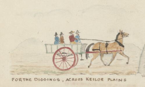 A horse-drawn cart with gold miners crossing Keilor Plains heading for the gold fields, Victoria, 1852 / R.W. Jesper