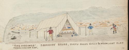 Gold miners at the diggings standing beside J.Grieves store, Dirty Dicks Gully and Moonlight Flat Pennyweight Flat, Victoria, 1852 / R.W. Jesper