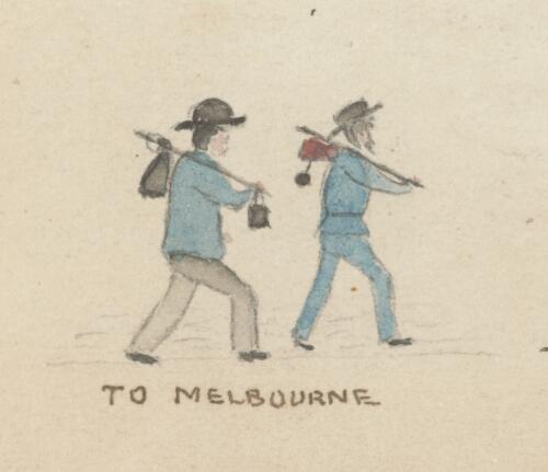 Two gold miners heading to Melbourne, Victoria, 1852 / R.W. Jesper