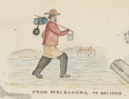 A gold miner with swag heading for McIvor, Melbourne, 1853 / R.W. Jesper