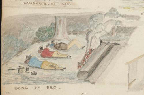 Three gold miners sleeping beside campfire, Bendigo, Victoria, 1853 / R.W. Jesper