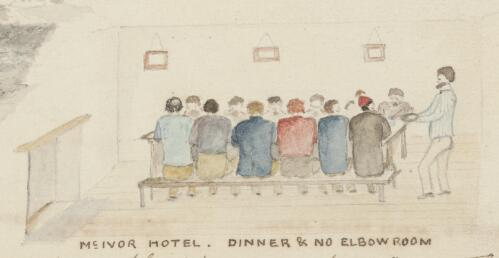 Gold miners having dinner at the McIvor Hotel, Bendigo, Victoria, 1853 / R.W. Jesper