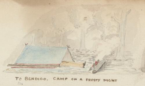 Gold miner R.W. Jesper sleeping in a tent beside a campfire, Bendigo, Victoria, 1853 / R.W. Jesper