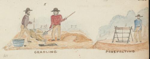 Gold miners cradling and prospecting, Bendigo, Victoria, 1853 / R.W. Jesper