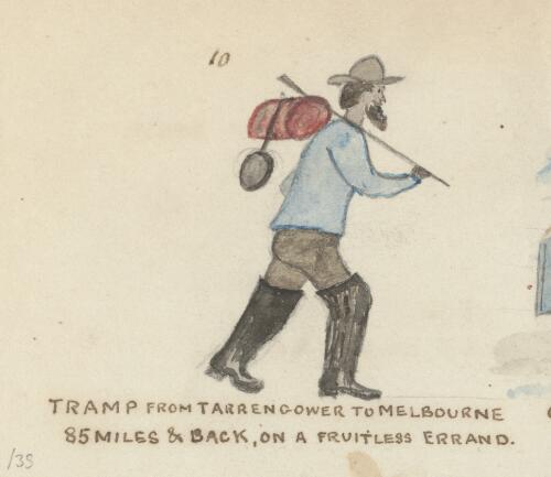 Gold miner travelling on foot from Tarrengower to Melbourne, Victoria, 1853 / R.W. Jesper