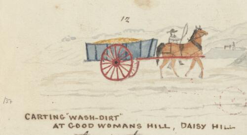 Gold miner R.W. Jesper carting wash-dirt at Good Woman's Hill, Daisy Hill, Victoria, 1853 / R.W. Jesper