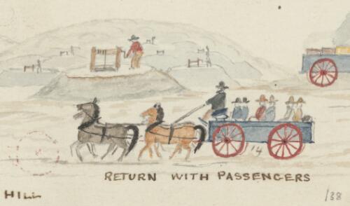 Gold miner R.W. Jesper on horse-drawn carriage returning with passengers, Daisy Hill, Victoria, 1853 / R.W. Jesper
