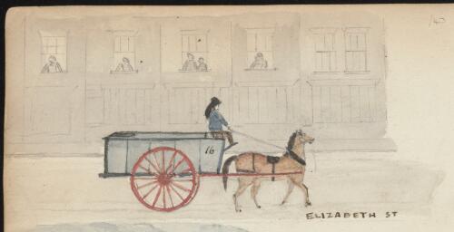 Gold miner on horse-drawn carriage heading to a coal yard, Elizabeth Street, Victoria, 1854 / R.W. Jesper