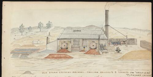 Gold miners operating steam crushing machine, chillian rollers and eight stamps at Pleasant Creek, Victoria, 1858 / R.W. Jesper