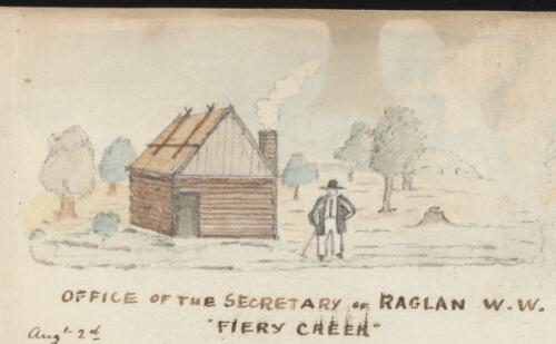 A man outside office of the secretary of Raglan W.W., Fiery Creek, Beaufort, Victoria, August 1860 / R.W. Jesper