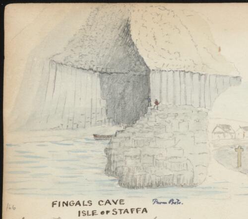A boat docked at Fingal's Cave, Isle of Staffa, Scotland, 4 September, 1866 / R.W. Jesper