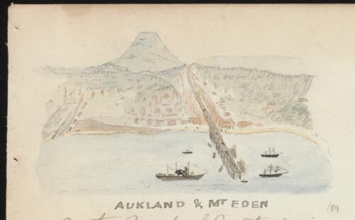 Steamship Nebraska approaching bridge and view of Mount Eden, Auckland, New Zealand, 1871 / R.W. Jesper
