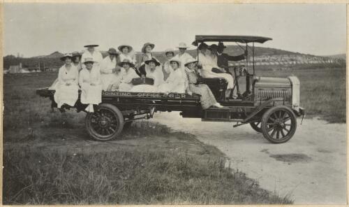 Printing Office open truck with a group of women called Blue Gums on the back, at Randwick Rifle Range, New South Wales, approximately 1917 / Edward Stewart Maclean