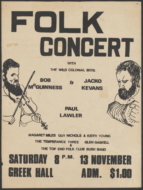 Folk concert : with the Wild Colonial Boys Bob McGuinness & Jacko Kevans, Paul Lawler