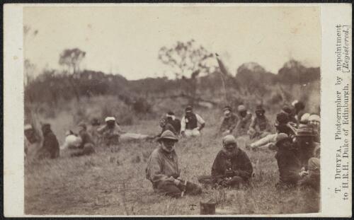 Group of Aboriginal people wearing European clothing at a camp, Point Macleay, South Australia,1867? / T. Duryea