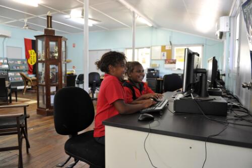 Kia Tayley and Aaliyah Gibson at the Wujal Wujal Indigenous Knowledge Centre, Wujal Wujal, Queensland, October 2014 / Darren Clark