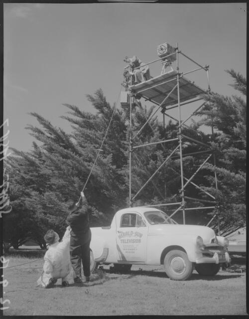 HSV Channel 7 employees setting up equipment, Melbourne, Victoria, 12 September 1956