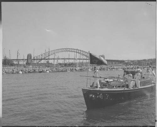 Queen Elizabeth II arriving by barge at Farm Cove, Sydney, New South Wales, 3 February 1954