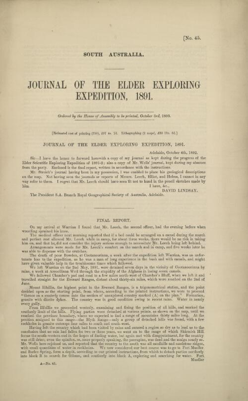 Journal of the Elder Exploring Expedition, 1891 / David Lindsay