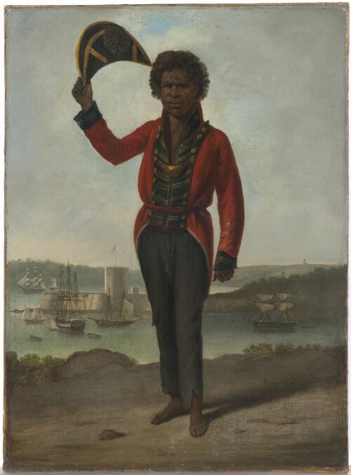Portrait of Bungaree, a native of New South Wales, with Fort Macquarie, Sydney Harbour, in background [picture] / [Augustus Earle]