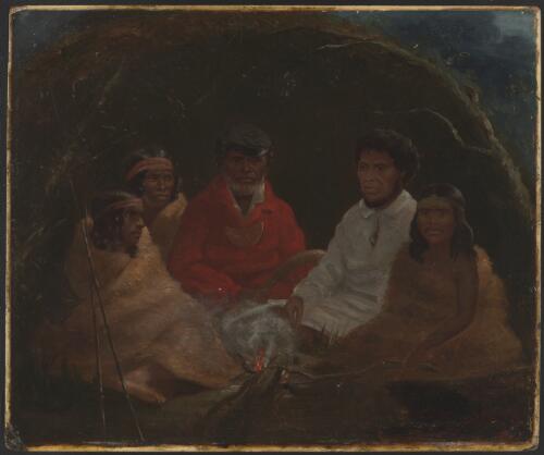 Aborigines in a bark hut [picture] : King Tom of the Mount Elephant tribe / Robert Dowling