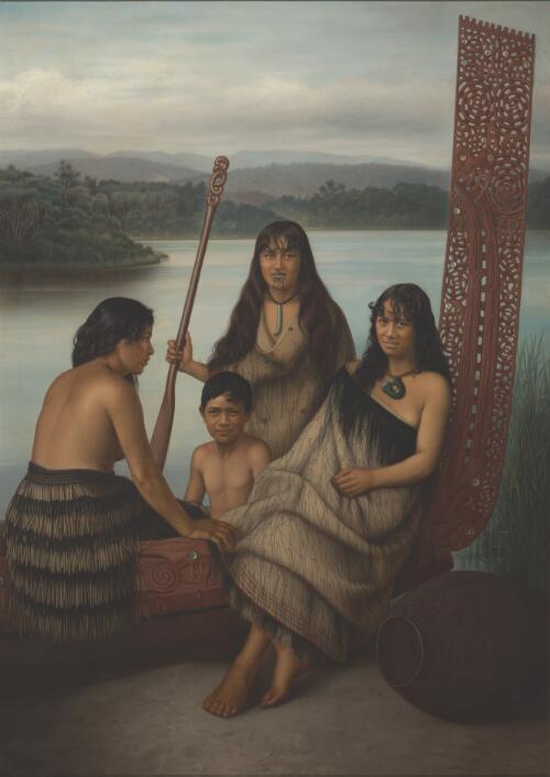 Three Maori girls and a boy sitting on a large carved Maori canoe by a lake [picture] / G. Lindauer