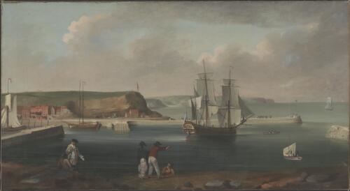 The Bark, Earl of Pembroke, later Endeavour, leaving Whitby Harbour in 1768 [picture] / Thomas Luny