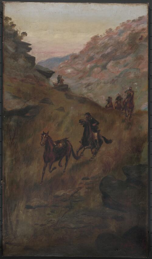 Police riding through gully [picture] / P.W. Marony
