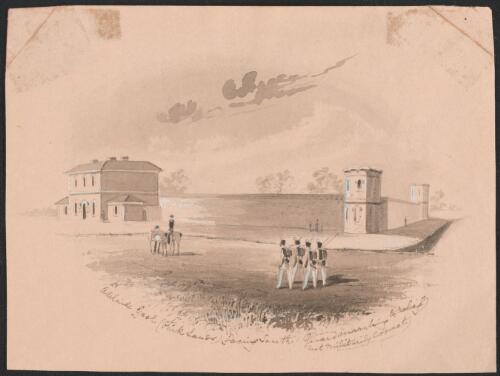 Adelaide gaol, park lands facing south, guards marching to relief, not militarily correct [picture] / [S.T. Gill]