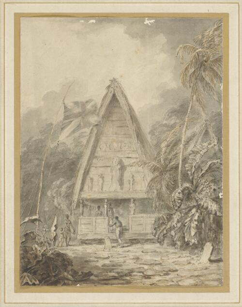 [Pacific island scene showing ornamented shelter] [picture] / [Arthur William Devis]