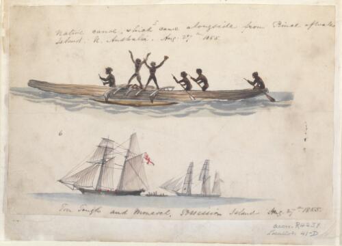 Native canoe, which came alongside from Prince of Wales Island, N[orth] Australia, Aug. 27th, 1855; Tom Tough and Monarch, Possession Island, Aug. 27th 1855 [picture] / [Thomas Baines]
