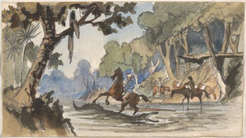 Mr. Gregory's horse treads on an alligator in fording Victoria River, April, 1856 [picture] / T. Baines