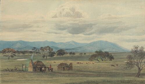 First station and huts, Mount Cole & the Pyrenees in the distance [picture] : spring, October, 1842 / D.E. Cooper