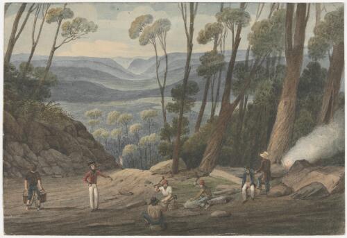 View from the summit of Mount York, looking towards Bathurst Plains, convicts breaking stones, N.S. Wales [picture] / [Augustus Earle]