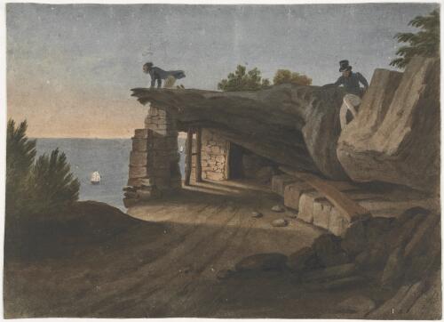 Near Sidney [i.e. Sydney] from the summit of the South Head close to the light house, used as a blacksmiths shop, N.S. Wales [picture] / [Augustus Earle]