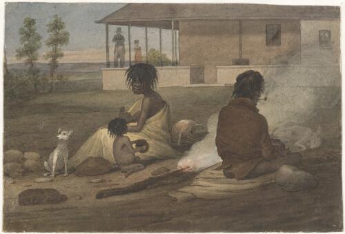 A native family of New South Wales sitting down on an English settlers farm [picture] / [Augustus Earle]