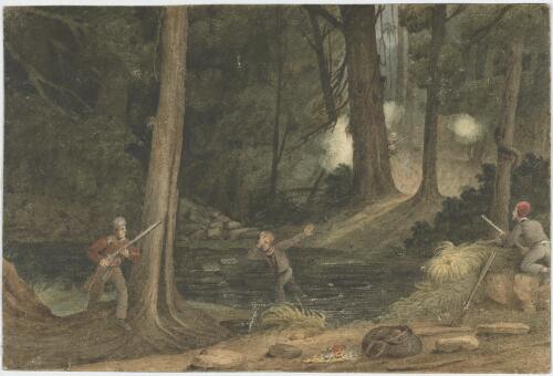 Skirmish between bush-rangers and constables, Illawarra [picture] / [Augustus Earle]