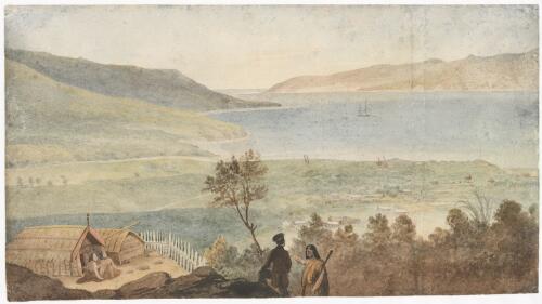 View of the village of Parcuneigh [i.e. Pakanae] and the entrance of the E-O-Ke-Angha [i.e. Hokianga] River, New Zealand [picture] / [Augustus Earle]