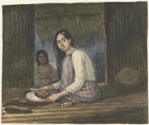 A woman of the Mariannas or Ladrone Islands, scraping yams to make paste for bread, drawn from nature [picture] / [Augustus Earle]