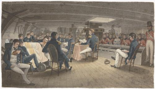 Divine service on board a British frigate, H.M.S. Hyperion, 1820 [picture] / [Augustus Earle]