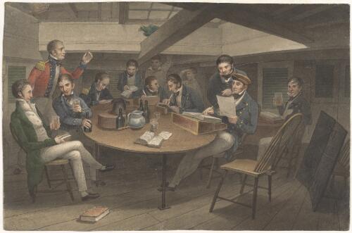 Officers mess room on board a ship of war [picture] / [Augustus Earle]