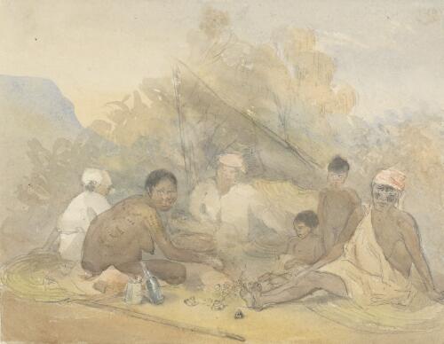 Encounter Bay women, lubras, roasting trochus, Yankalilla, March 19th, 1844... [picture] / G.F. Angas