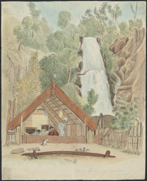 Falls of the Waihi & house of [...] Brother, Te Rapa, Taupo Lake [picture] / [George French Angas]