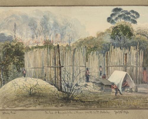 The pah at Ruapekapeka in flames, from the 32 Pr. Stockade, Jany. 12th, 1846 [picture] / C. Bridge pinx