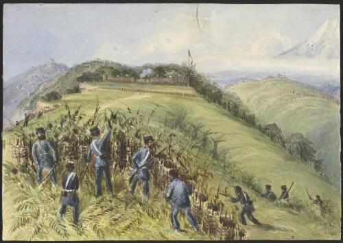 The rebel natives' pah [i.e. pa] at Te Arei ... [picture] / Capt. H.J. Warre