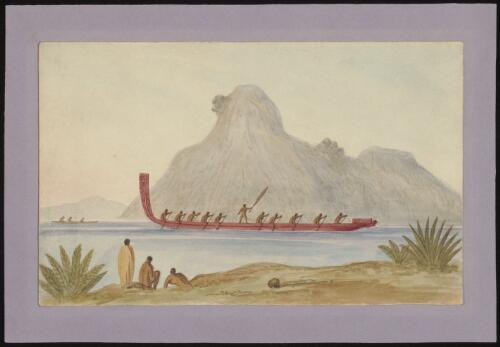 [Maoris in war canoe] [picture]