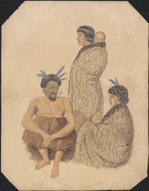 [Rautopene, chief of the Waikato tribe and his two wives] [picture] / [Joseph Jenner Merrett]