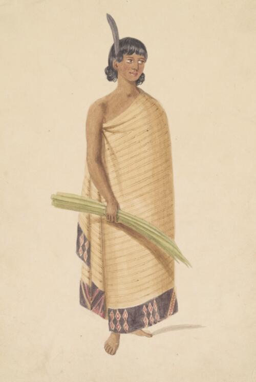 [Maori girl in cloak with flax in hand] [picture]